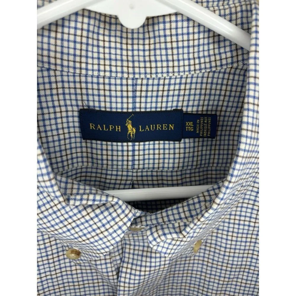 Ralph Lauren Button Down Shirt Men's 2XL XXL Blue & Brown on White Check Pattern